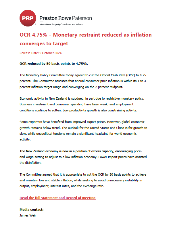 09.10.2024 - OCR 4.75% - Monetary restraint reduced as inflation converges to target