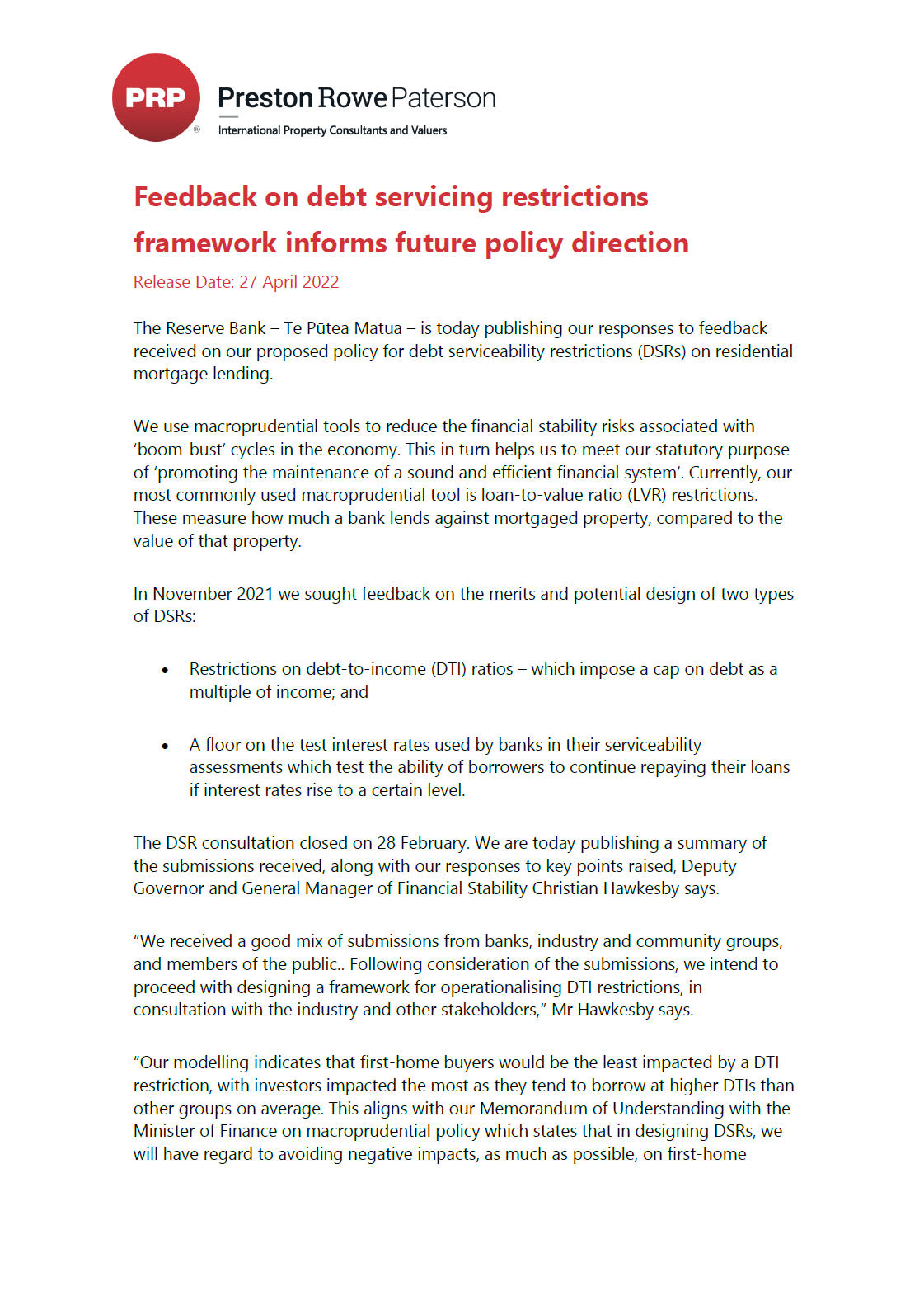 27.04.2022 - Feedback on debt servicing restrictions framework informs future policy direction