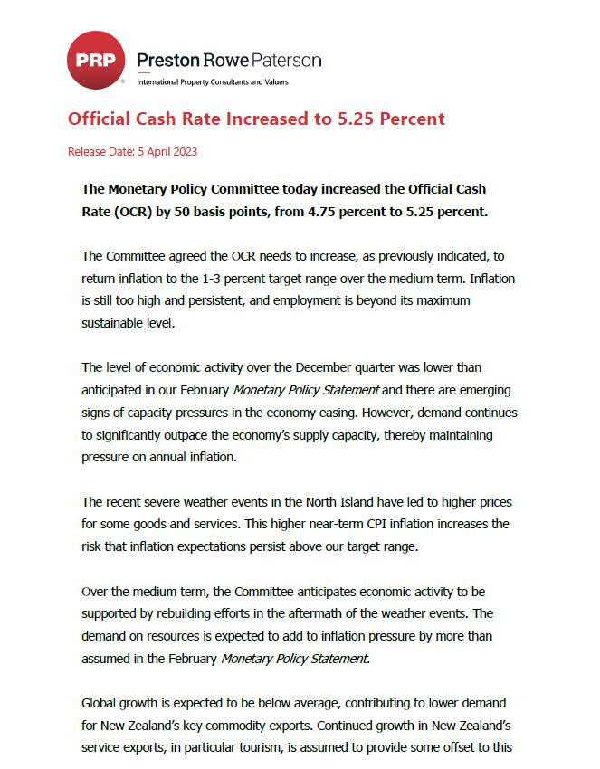 05.04.2023 - Official Cash Rate Increased to 5.25 Percent