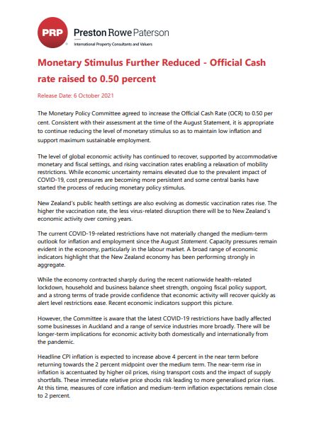 06.10.2021 - Monetary Stimulus Further Reduced - Official Cash rate raised to 0.50 percent