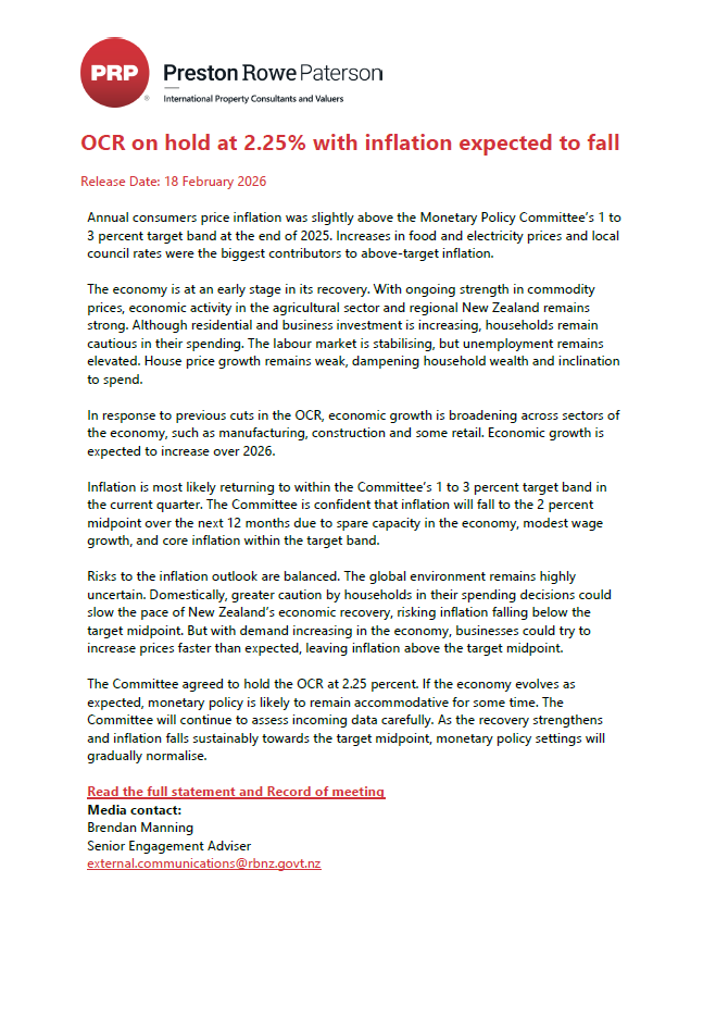 28.02.2026 - OCR on hold at 2.25% with inflation expected to fall 