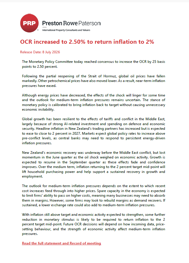 08.07.2026 - OCR increased to 2.50% to return inflation to 2%
